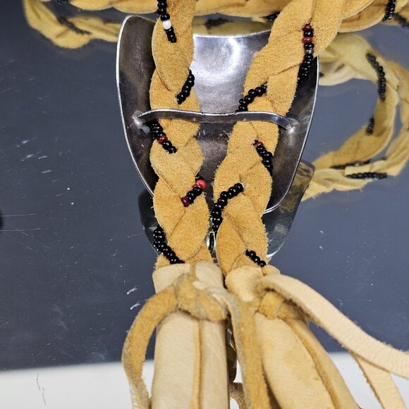 Navajo Turquoise Sterling Silver Bolo Tie With Beaded Leather Native American US - Picture 9 of 15